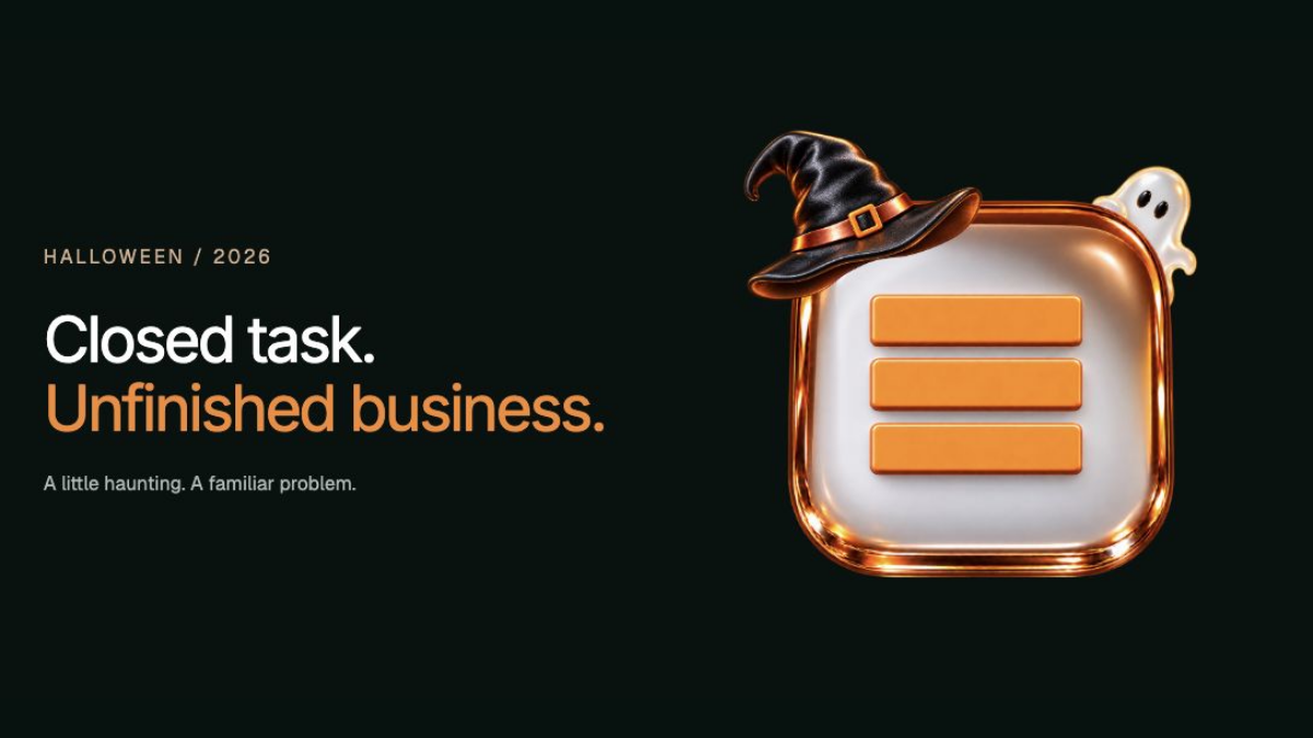Closed task. Unfinished business. eventual’s orange Halloween logo on a dark green cover.